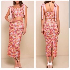 Lulu's Pink & Red Metallic Floral Wedding Guest Dress